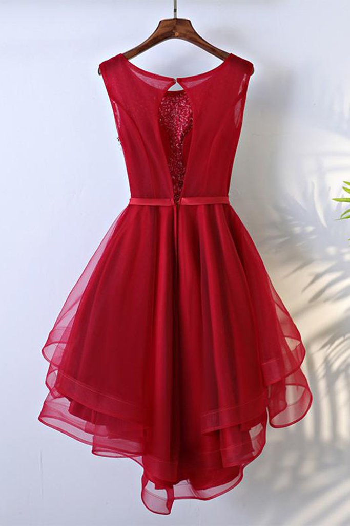 Scoop Red Organza High Low Homecoming Dresses A Line Brittany Bowknot Organza Rhinestone Sleeveless