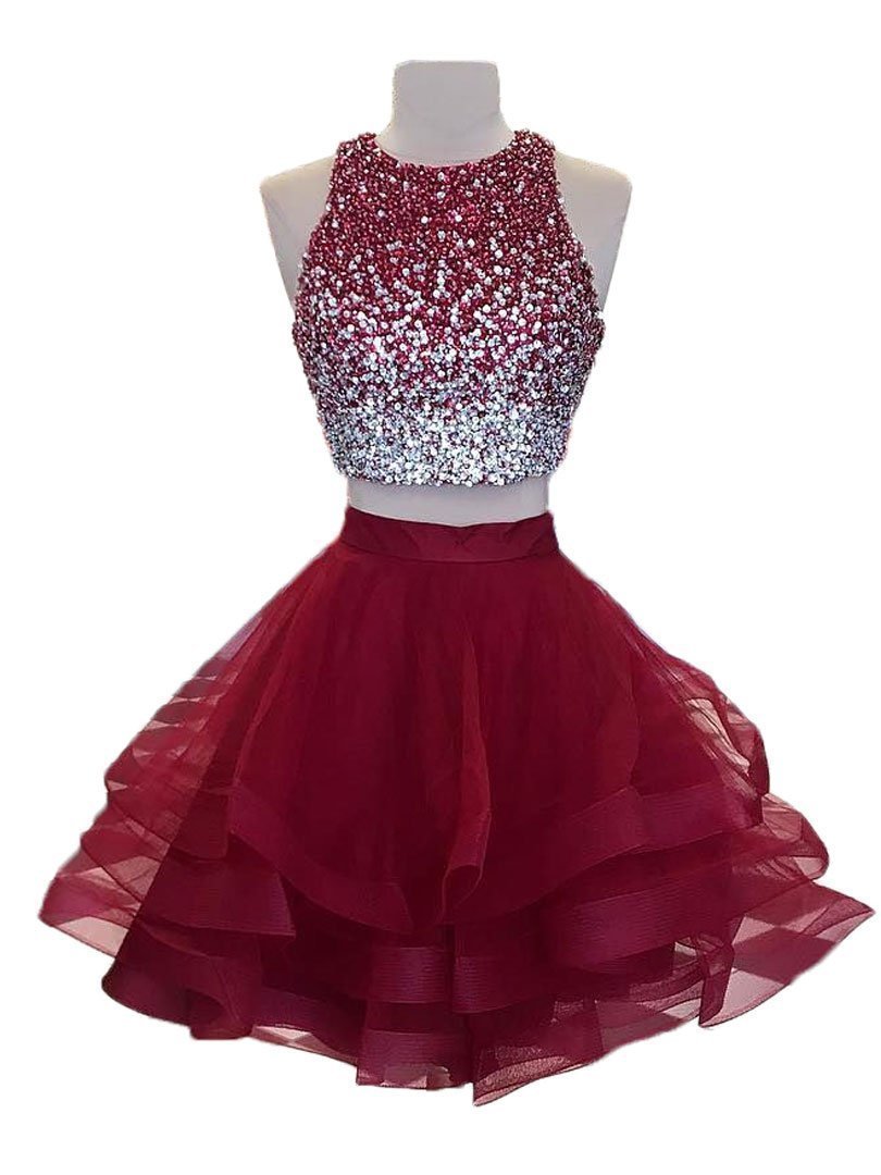 Jewel Dania Homecoming Dresses Two Pieces A Line Sleeveless Rhinestone Organza Ruffles Backless