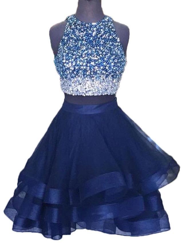 Jewel Dania Homecoming Dresses Two Pieces A Line Sleeveless Rhinestone Organza Ruffles Backless