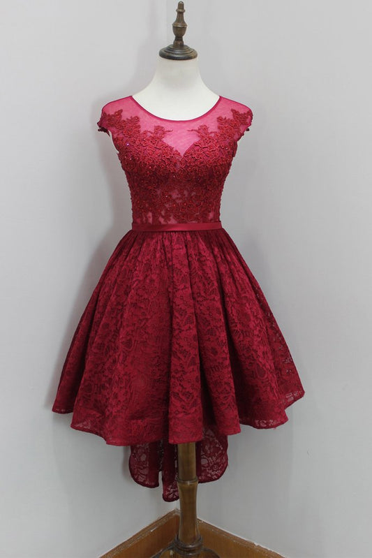 Cap Sleeve Scoop Sheer Pleated Burgundy High Lace Gisselle A Line Homecoming Dresses Low Flowers