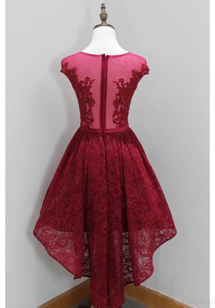 Cap Sleeve Scoop Sheer Pleated Burgundy High Lace Gisselle A Line Homecoming Dresses Low Flowers