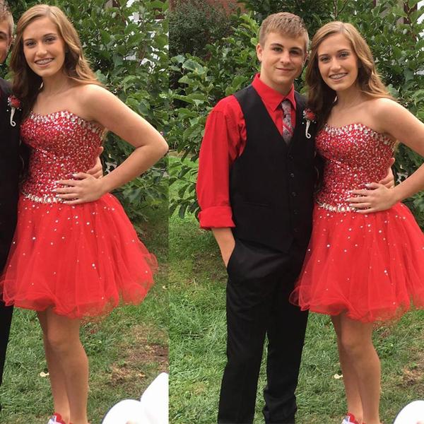 Red Homecoming Dresses A Line Patience Strapless Sweetheart Rhinestone Organza Backless Sparkle