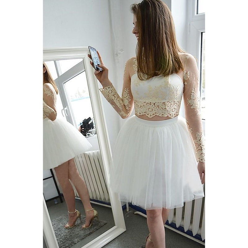 Long Sleeve White Jewel Appliques Tulle Cut Out Sheer Nyla Homecoming Dresses Lace Ball Gown