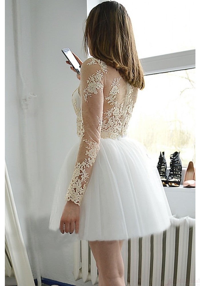 Long Sleeve White Jewel Appliques Tulle Cut Out Sheer Nyla Homecoming Dresses Lace Ball Gown