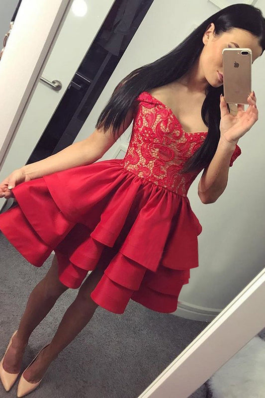 Off The Shoulder Homecoming Dresses Joy Satin Red V Neck Ball Gown Appliques Sexy Backless