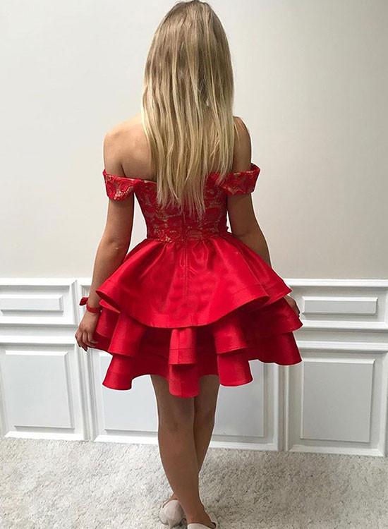 Off The Shoulder Homecoming Dresses Joy Satin Red V Neck Ball Gown Appliques Sexy Backless