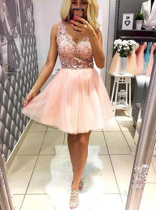 A Line Kailee Lace Homecoming Dresses Sleeveless Peach Deep V Neck Appliques Flowers Tulle Pleated