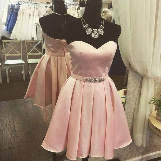 Strapless Sweetheart Backless Pleated A Line Pink Homecoming Dresses Maritza Lace Satin Rhinestone Up