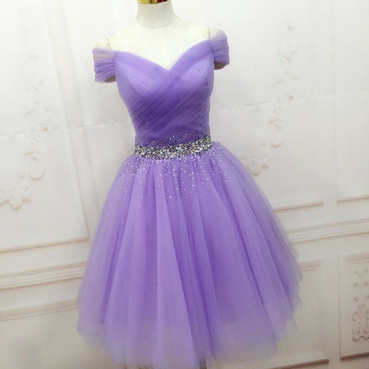 Off The Shoulder V Neck Lilac Rhinestone Tulle Homecoming Dresses A Line Gwendolyn Pleated Ruched