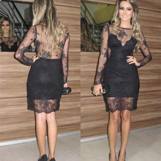 Sexy Black Long Sleeve Sheath Sheer Back Tara Lace Homecoming Dresses Flowers See Through