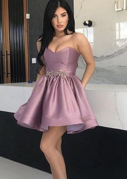 Strapless Sweetheart Rhinestone Pleated Pink Homecoming Dresses Jakayla Satin A Line Cute