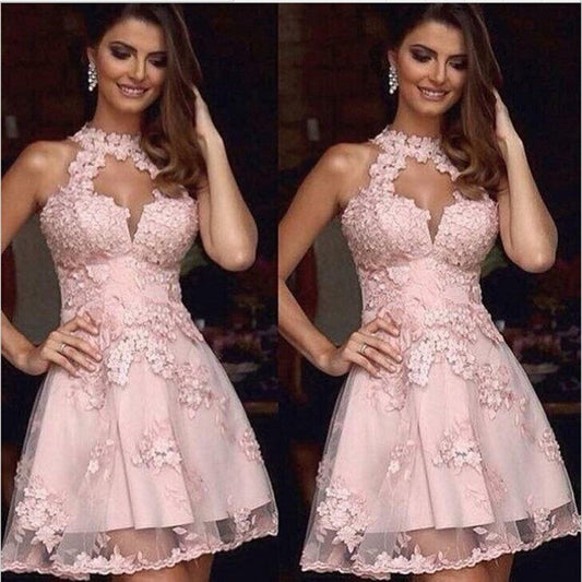 Lace Homecoming Dresses A Line Dayami Pink Halter Sleeveless Cut Out Appliques Flowers Pleated