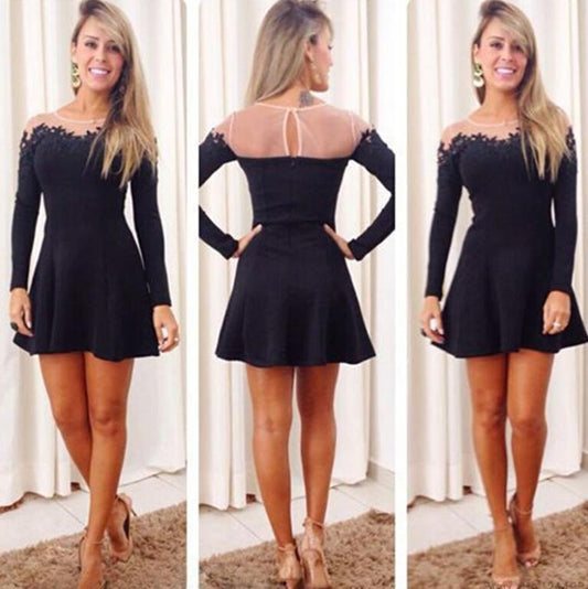 Scoop Satin Jada A Line Homecoming Dresses Long Sleeve Sheer Black Pleated Short Cut Out Appliques