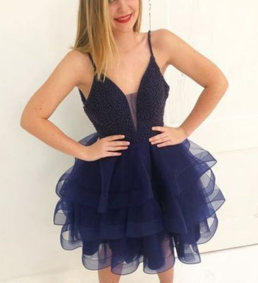 Spaghetti Straps Ball Gown V Neck Sheer Organza Tiered Sheer Homecoming Dresses Belen Dark Navy