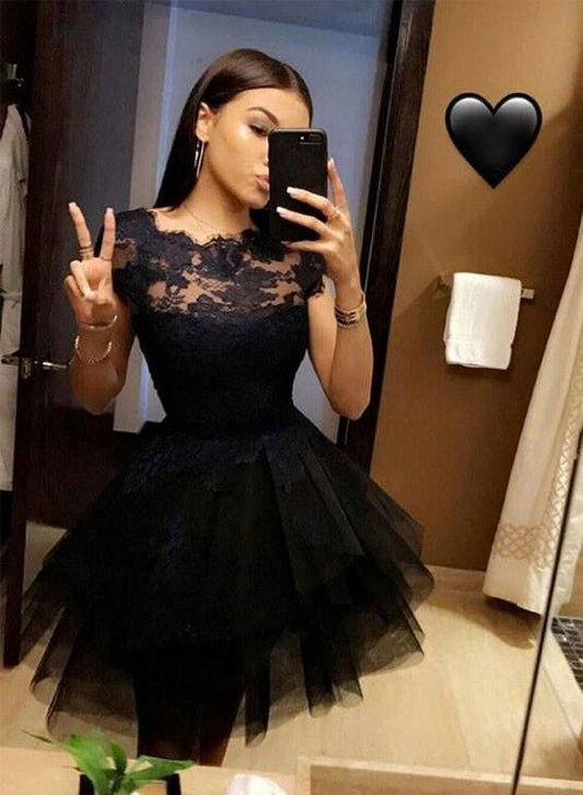 Short Lace Meghan Homecoming Dresses A Line Sleeve Jewel Tulle Pleated Appliques Sheer