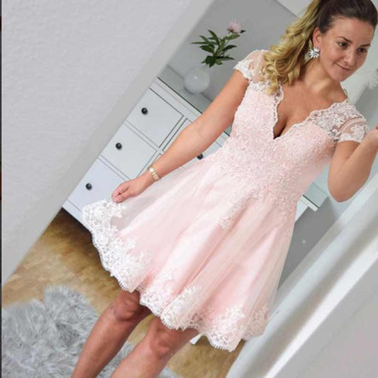 Cap Sleeve Deep Lace Pink A Line June Homecoming Dresses V Neck Sheer Pleated