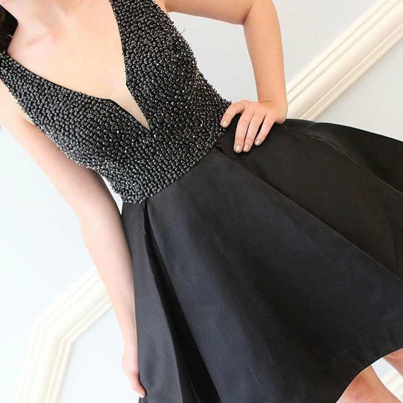 Beading Black Pleated Deep V Neck Sleeveless Short Satin A Line Homecoming Dresses Alayna Elegant