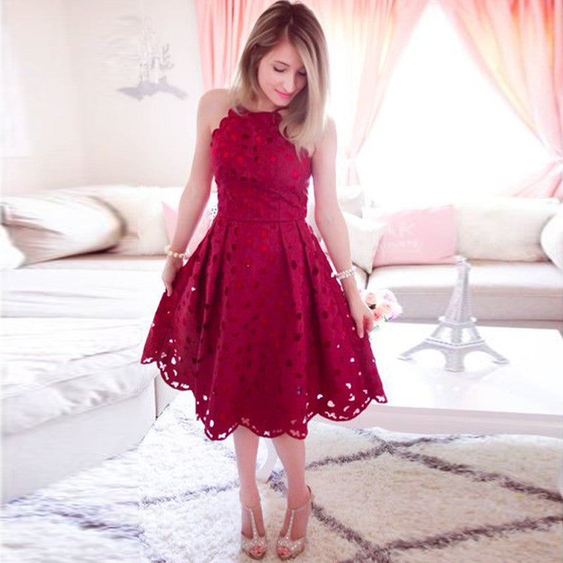 Halter Fuchsia Sleeveless Pleated Hollow Homecoming Dresses Tania A Line Knee Length