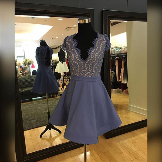 Satin Homecoming Dresses Reyna A Line Lace Cap Sleeve Deep V Neck Backless Lavender Pleated