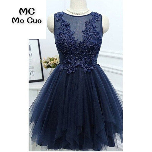 Jewel Sleeveless Angie A Line Homecoming Dresses Appliques Beading Tulle Sheer Pleated Dark Navy