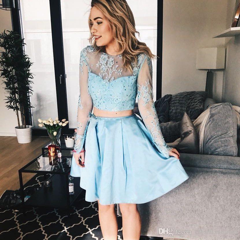 Long Satin Two Pieces Homecoming Dresses Mavis A Line Lace Sleeve Jewel Appliques Sheer Light Blue