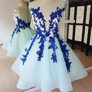 Blue A Line Homecoming Dresses Pat Lace Scoop Sleeveless Sheer Back Appliques Tulle