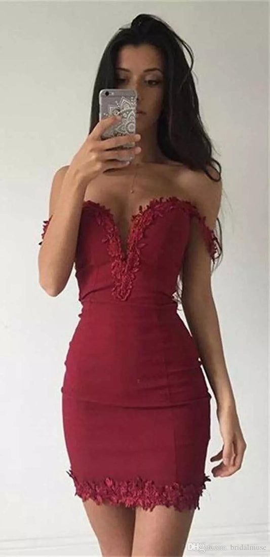 Off The Shoulder Deep V Kiana Homecoming Dresses Satin Neck Sheath Appliques Short Burgundy