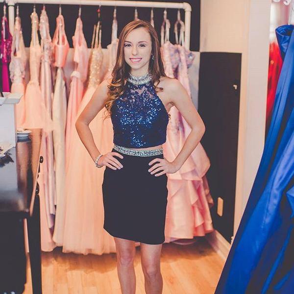 Halter Sheath Sequins Dark Homecoming Dresses Two Pieces Beatrice Navy Appliques Rhinestone Sleeveless