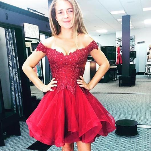 A Line Homecoming Dresses Lace Reese Appliques Off The Shoulder Organza Pleated Burgundy