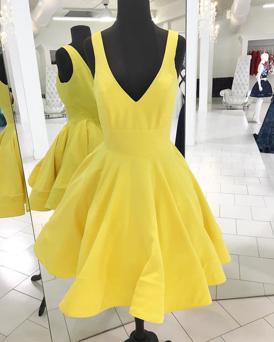 Deep Homecoming Dresses Satin A Line Kylie V Neck Daffodil Sleeveless Pleated Backless