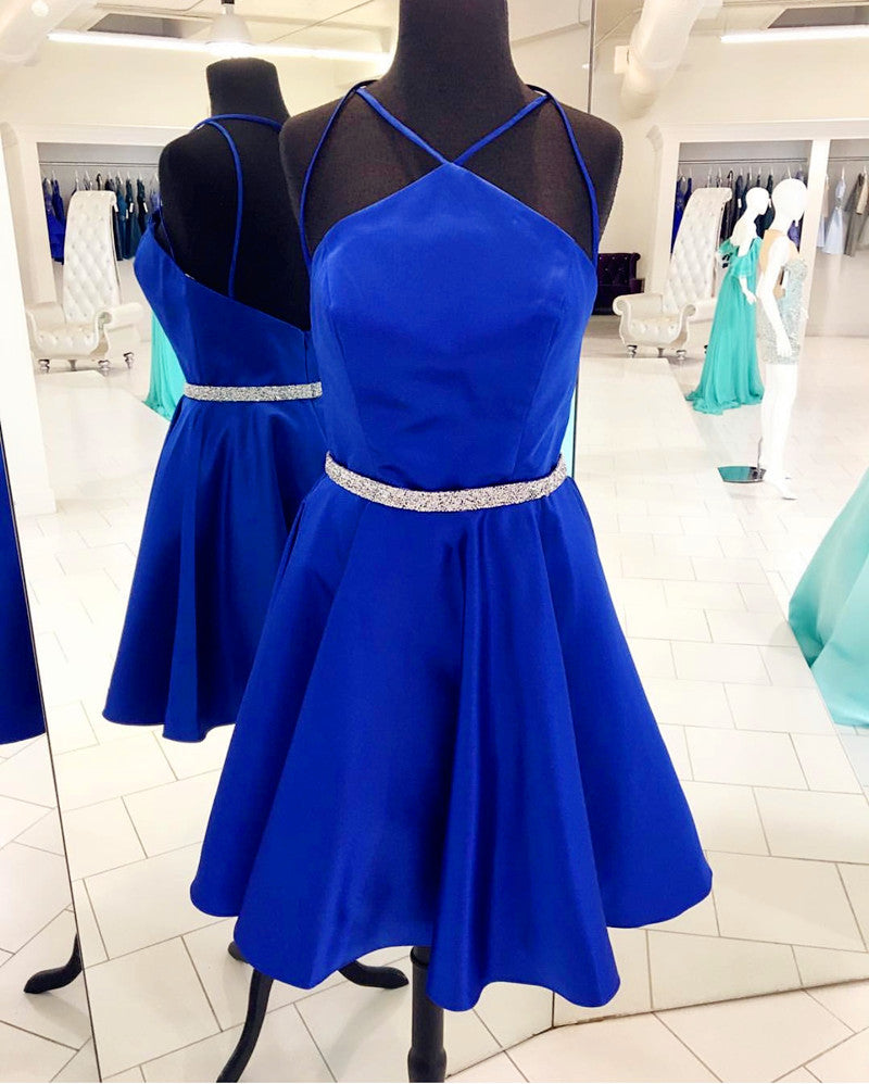 Halter Straps Backless Satin Homecoming Dresses Royal Blue Thirza A Line Sexy Pleated Sparkle