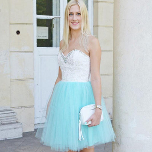 Strapless Sweetheart A Line Kamryn Homecoming Dresses Appliques Backless Tulle Blue Beading Cute