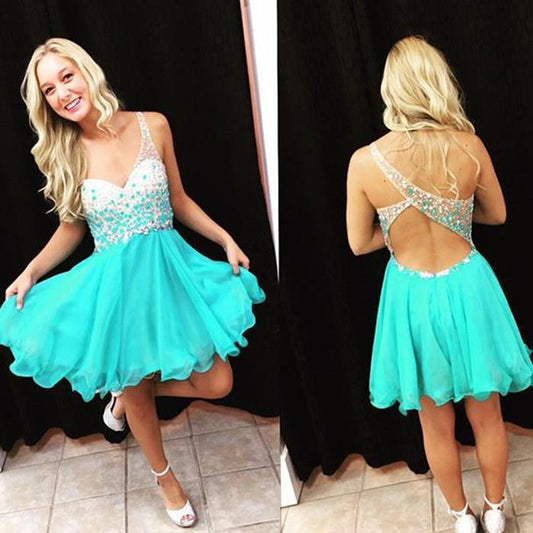 Straps Chiffon Layla Homecoming Dresses A Line V Neck Sleeveless Blue Backless Beading Cut Out