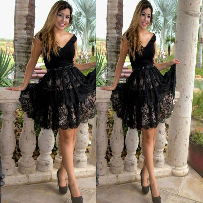 Black Off Shoulder V Neck Flowers Homecoming Dresses A Line Maritza Lace Elegant Sexy