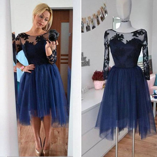 Long Homecoming Dresses A Line Giovanna Sleeve Scoop Appliques Sheer Pleated Tulle Flowers