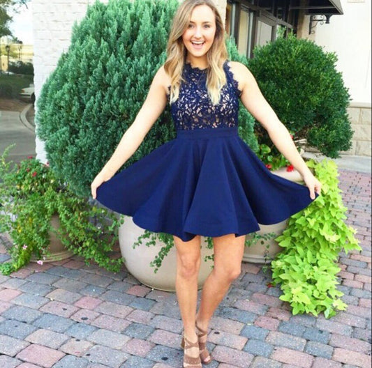 Dark Navy Appliques Sleeveless Halter Homecoming Dresses A Line Satin Krista Lace Pleated