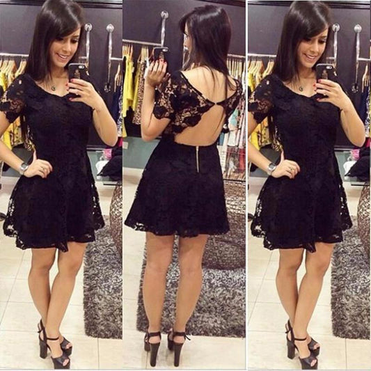 Backless Scoop Black Short Adelyn A Line Lace Homecoming Dresses Sleeve Sexy Flowers Pleated