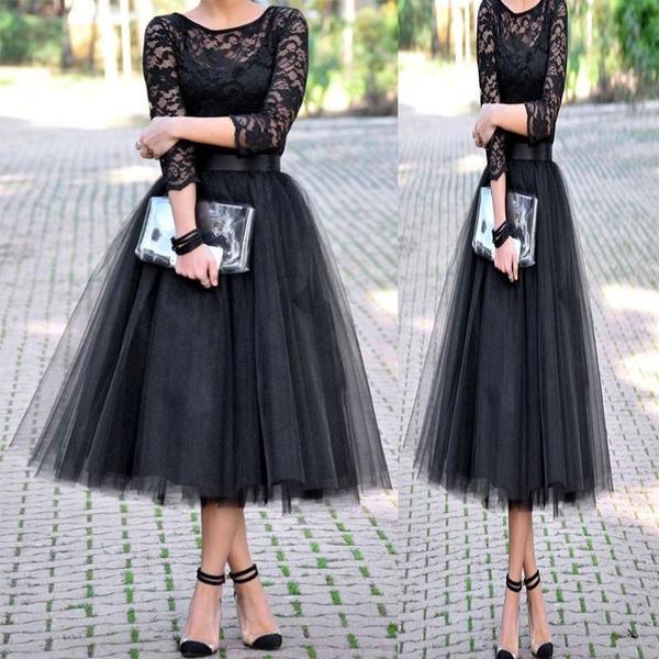 Scoop Black Lace Saige Homecoming Dresses A Line Long Sleeve Sheer Tulle Pleated Elegant