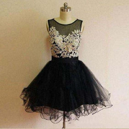 Black Scoop Sleeveless Homecoming Dresses Anna A Line Appliques Organza Pleated Sheer