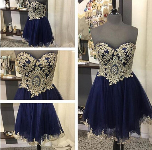 Strapless Sweetheart Dark Lace A Line Rylie Homecoming Dresses Navy Tulle Appliques Exquisite