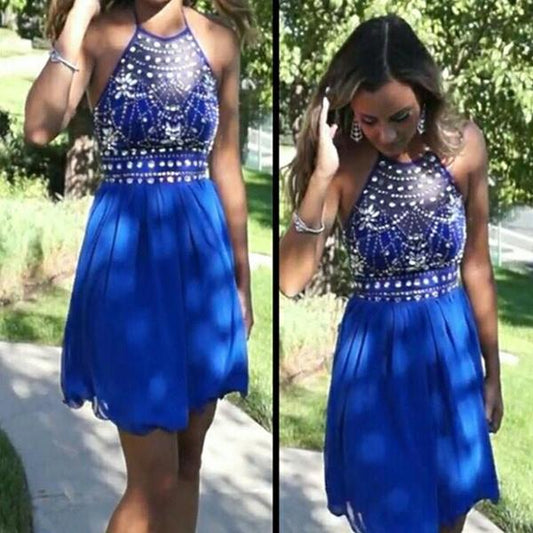 Rhinestone Royal Blue Chiffon Homecoming Dresses A Line Elaine Beading Halter Sleeveless