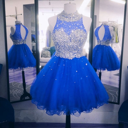 High Neck Royal Blue A Line Elyse Homecoming Dresses Sleeveless Backless Organza Appliques