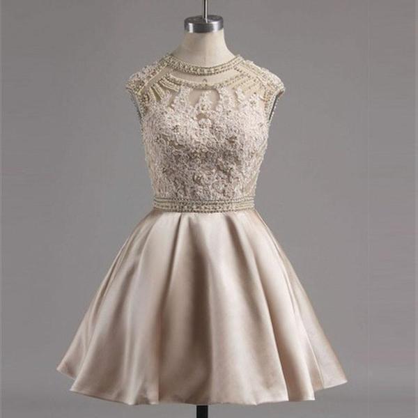 Jewel Appliques Ashlee Homecoming Dresses A Line Ivory Satin Beading Hollow Cap Sleeve Pleated