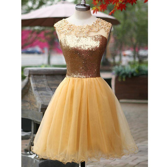 Sleeveless Homecoming Dresses Miya A Line Scoop Appliques Pleated Light Yellow Organza Sequins