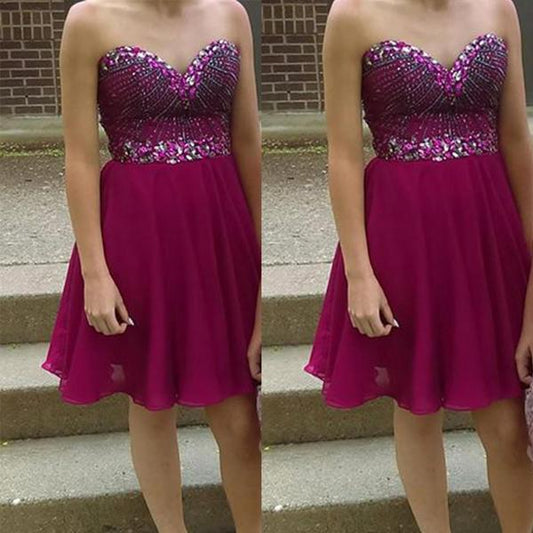 Strapless Sweetheart Beading Chiffon Homecoming Dresses A Line Samara Rhinestone Fuchsia