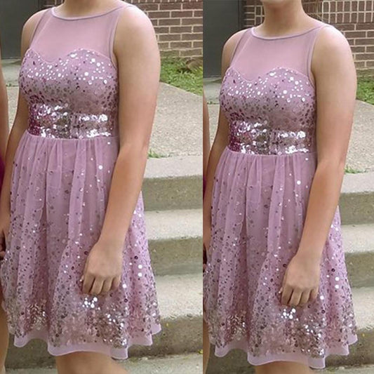 Jewel Sleeveless Sheer Sequins Kennedy Homecoming Dresses Pink A Line Pleated