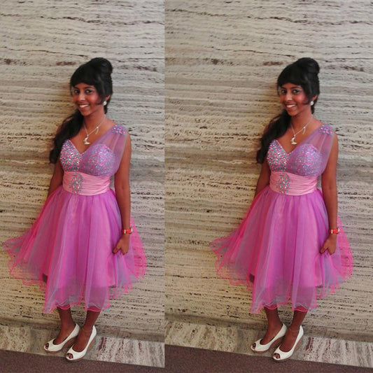 V Neck Sleeveless Sheer Brenna A Line Pink Homecoming Dresses Rhinestone Organza Pleated