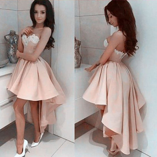 Appliques Strapless Sweetheart Backless Satin Alivia Pink Homecoming Dresses A Line High Low Pleated