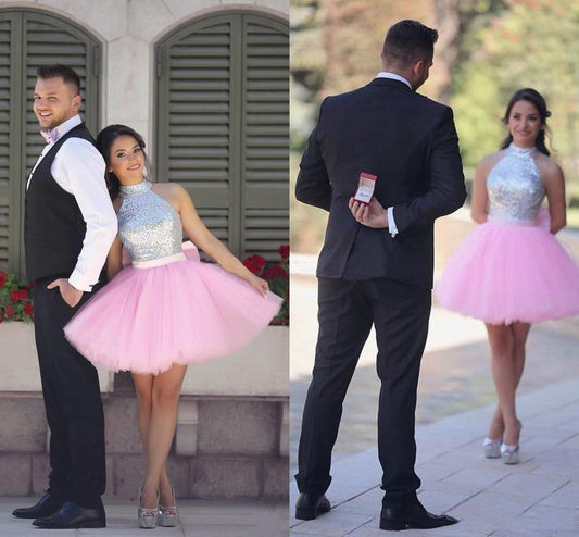 Ball Gown Halter Homecoming Dresses Pink Karly Sleeveless Cute Short Tulle Beading