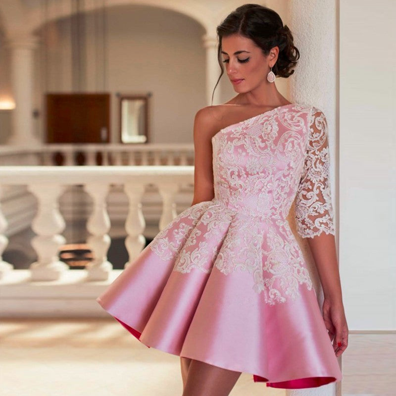 One Shoulder Alena Satin Pink Homecoming Dresses Half Sleeve Appliques Flowers Hollow Pleated